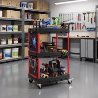 HOMCOM 3-Tier Rolling Tool Cart with Pegboard and Hooks, Storage Trolley Wheel Cart with Brakes, Black & Red(m-14)