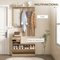 HOMCOM Cuier 3 în 1 cu Suport pentru Pantofi și Oglindă, Cârlige și Sertare, din Lemn, 90x24x177 cm, Culoare Stejar(m-4)