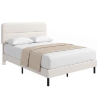 HOMCOM Cadru pat 140 x 200 cm cu tăblie reglabilă, pat tapițat cu aspect de in și 12 lamele din placaj, bej(m-8)