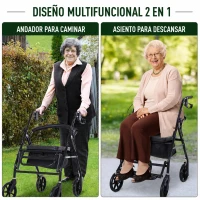 HOMCOM Andador para Ancianos Plegable con Asiento y 4 Ruedas Mango Ergonómico Ajustable en Altura Frenos de Maneta Cesta Negro(m-6)