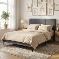 HOMCOM Armazón de cama 140 x 200 cm con cabecero ajustable, cama tapizada con aspecto de lino con 12 lamas(m-6)