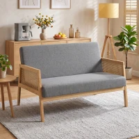 HOMCOM Sofá de 2 Lugares com Efeito Linho Detalhes em Vime Sintético e Estrutura em Madeira até 240 kg 115x77x77 cm Cinza(m-2)