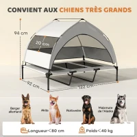 PawHut Lit pour Chien Surélevé Tente pour Chien avec Auvent Tente 3 Côtés Respirant Textilène Sac 122x92x94cm Gris Clair(m-3)