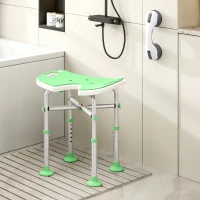 HOMCOM Tabouret de Douche, Hauteur Ajustable 39-51,5 cm, Barre d'Appui à Ventouse, Patins à Ventouse, Vert(m-10)