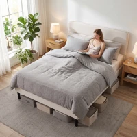 HOMCOM Cadru pat 140 x 200 cm cu tăblie reglabilă, pat tapițat cu aspect de in și 12 lamele din placaj, bej(m-5)