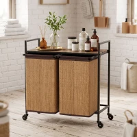 HOMCOM Coș rufe din bambus 2 compartimente 120 L colector rufe cu raft, cutie de rufe sac de rufe, pe roți 73x33x78 cm, Maro(m-5)