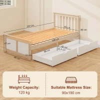 HOMCOM Pine Storage Bed, 3ft Single Solid Wooden Bed Frame with Drawers, Headboard, Wood Slat Support, Natural Wood Finish(m-3)