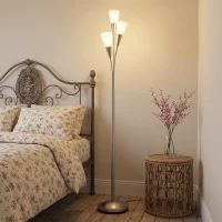 HOMCOM Lampă de podea pentru living 40 W, lampă de podea cu comutator de picior, 3 x soclu E14 pentru dormitor, birou, fără bec, Argintiu(m-2)