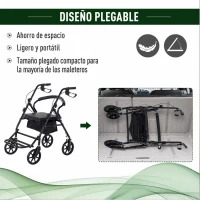 HOMCOM Andador para Ancianos Plegable con Asiento y 4 Ruedas Mango Ergonómico Ajustable en Altura Frenos de Maneta Cesta Negro(m-4)