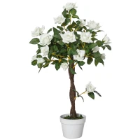 Outsunny Arbre à Roses Artificiel 90 cm en Plastique, 21 Fleurs, 350 Feuilles en Tissu, Pot, Facile à Entretenir, Blanc(m-15)