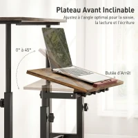 HOMCOM Bureau assis debout bureau réglable en hauteur 60 x 60 cm à roulettes avec plateau inclinable cadre métal brun rustique(m-5)