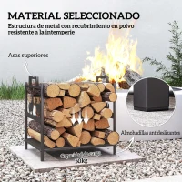 Outsunny Estante de Leña Metálico con Asas 42,5x33,5x43 cm Soporte de Madera para Chimenea para Jardín Terraza Negro(m-4)