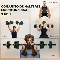 SPORTNOW Conjunto de Halteres Ajustáveis 3 em 1 20 kg Conjunto de Pesos com Barras de Conexão e Pegas Antiderrapantes Verde(m-4)