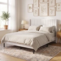 HOMCOM Cadru de pat 140 x 200 cm cu tăblie reglabilă, pat tapițat cu 12 lamele, bej(m-6)
