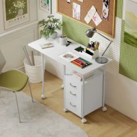 HOMCOM 105 x 51 cm Foldable Office Deskwith 3 Drawers, Extendable Top, Wheels, White(m-10)