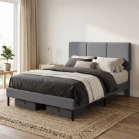 HOMCOM Armazón de cama 140 x 200 cm con cabecero ajustable, cama tapizada con aspecto de lino con 12 lamas(m-4)