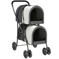 PawHut Carrinho Duplo para Cães e Gatos Dobrável com 2 Transportadoras Removíveis com Cinto e Almofadas 66x50x98 cm Cinzento Escuro(m-1)