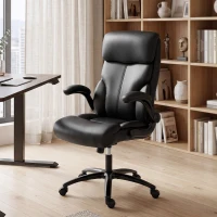 HOMCOM Chaise Bureau Ergonomique avec Accoudoirs Relevables, Fauteuil de Bureau en PU, Hauteur Réglable, Fonction Bascule, Noir(m-7)