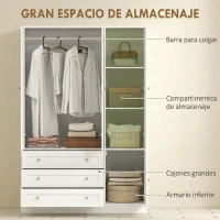 HOMCOM Armario Ropero de 4 Puertas con Barra 3 Cajones y Estante Ajustable 120x50x176,5 cm Blanco(m-4)