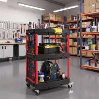 HOMCOM 3-Tier Rolling Tool Cart with Pegboard and Hooks, Storage Trolley Wheel Cart with Brakes, Black & Red(m-8)