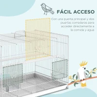 PawHut Jaula para Pájaros 60x41x41 cm Pajarera de Metal con Comederos 2 Perchas 3 Puertas y Asa de Transporte para Pájaros Pequeños Canarios Periquitos Blanco(m-4)