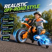 AIYAPLAY 12V Kids Electric Motorbike, Ride on Motorcycle with Dual Motors, Training Wheels, Rear Suspension for 3-6 Years, Orange(m-4)