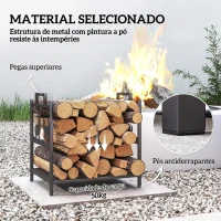 Outsunny Suporte para Lenha em Metal com Pegas 42,5x33,5x43 cm para Lareira Jardim e Terraço Preto(m-4)