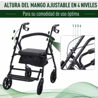 HOMCOM Andador para Ancianos Plegable con Asiento y 4 Ruedas Mango Ergonómico Ajustable en Altura Frenos de Maneta Cesta Negro(m-7)