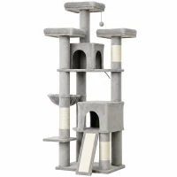 PawHut Kratzbaum Groß 184 cm hoch Katzenbaum mit 3 Kratzstämmen Liegeflächen Spielball Hängematte Leiter, Katzen unter 6 kg(m-1)