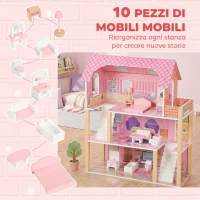 AIYAPLAY Casa delle Bambole in Legno per Bambini, 3 Piani con 10 Mobili, 6 Stanze, Regalo per Ragazze 3-6 Anni, Rosa(m-5)