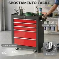 HOMCOM Carrello Porta Attrezzi con 5 Cassetti, Tappetini in EVA, Serratura e 2 Chiavi, 4 Ruote Girevoli, Nero Rosso(m-6)