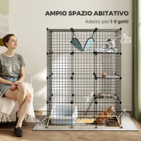 PawHut Gabbia per Gatti Grande 4 Livelli con Struttura Personalizzabile in Acciaio, Rampe, Amaca, per 1-3 Gatti, Nero(m-4)