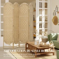 HOMCOM Paravent interieur ovale 4 panneaux 160 x 170 cm séparateur de pièce pliable, léger et tissé, bois naturel(m-5)
