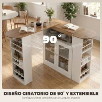 HOMCOM Mesa de Bar Extensible y Giratoria 90° con Estantes Abiertos y 2 Puertas de Vidrio 150x80x105,5 cm Blanco y Natural(m-4)