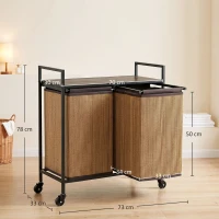 HOMCOM Coș rufe din bambus 2 compartimente 120 L colector rufe cu raft, cutie de rufe sac de rufe, pe roți 73x33x78 cm, Maro(m-3)