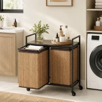 HOMCOM Cesto de Roupa Bambu 2 Compartimentos 120 L Coletor de Roupa com Prateleira Apoio Caixa de Roupa Saco Removível Com Rodas 73x33x78 cm Castanho(m-6)