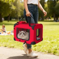 PawHut Transportadora Dobrável para Cães 60x41,5x41 cm com Janelas de Rede, Almofada Macia e 2 Alças para Mini Cães e Gatos Vermelho(m-10)