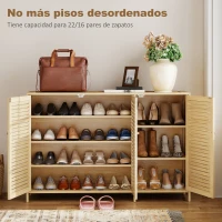 HOMCOM Zapatero de Bambú para 18 Pares con Puertas de Lamas y Estantes Ajustables Madera Natural(m-4)