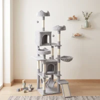 PawHut Árbol Rascador Grande para Gatos 192 cm con 3 Camas 2 Casitas 2 Hamacas Escalera Rascadora Postes de Sisal Gris Claro(m-8)