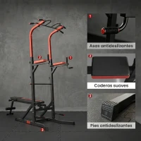 HOMCOM Estación de Musculación Torre de Entrenamiento con Altura Ajustable y Respaldo Regulable en 5 Posiciones Barra de Dominadas Fitness Flexiones Acero 108x178x202-238 cm Negro(m-6)
