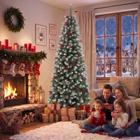 HOMCOM Verschneiter Bleistift-Weihnachtsbaum 210 cm mit 818 Zweigen, roten Beeren, Zapfen, klappbarem Metallfuß, automatische Öffnung, Grün(m-5)