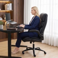 HOMCOM Chaise Bureau Ergonomique avec Accoudoirs Relevables, Fauteuil de Bureau en PU, Hauteur Réglable, Fonction Bascule, Noir(m-6)