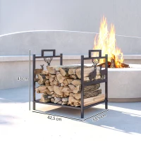 Outsunny Estante de Leña Metálico con Asas 42,5x33,5x43 cm Soporte de Madera para Chimenea para Jardín Terraza Negro(m-3)