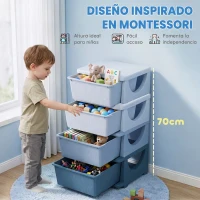 HOMCOM Torre de Almacenamiento Infantil con 4 Cajones para Niños de +3 Años con Bordes Redondeados y Asas 37x37x76 cm Azul(m-6)