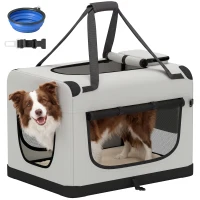PawHut Sac de transport souple pour chien avec sangle à boucle de sécurité, coussin lavable et gamelle pliable, gris clair(m-18)