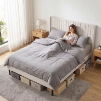 HOMCOM Armazón de cama 140 x 200 cm con cabecero ajustable, cama tapizada con 12 lamas, beige(m-5)