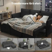 HOMCOM Canapea Extensibilă de Colț cu Aspect de In și Compartiment de Depozitare Ascuns, 192x148x86 cm, Gri Antracit(m-4)