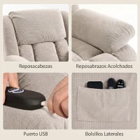 HOMCOM Sillón Relax Reclinable Eléctrico Levanta Personas Masaje Vibratorio y Calor Asiento Ancho Puerto USB Bolsillos Beige(m-7)