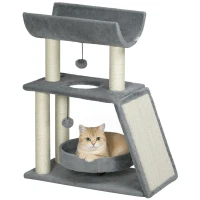 PawHut Kratzbaum Katzenbaum, inkl. Spielzeug und Katzenbett, 60 cm x 30 cm x 76 cm, Hellgrau(m-12)