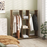 HOMCOM Stand Appendiabiti con 6 Ruote, Appendiabiti da Terra con 5 Ripiani e 2 Aste per Vestiti, Guardaroba Porta Abiti in Legno e Alluminio, per Camera da Letto Soggiorno Corridoio Ingresso, Marrone(m-4)